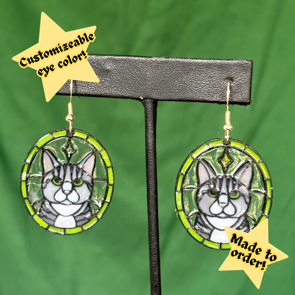 Grey Tabby with White - Cat 'Stained Glass' Earrings