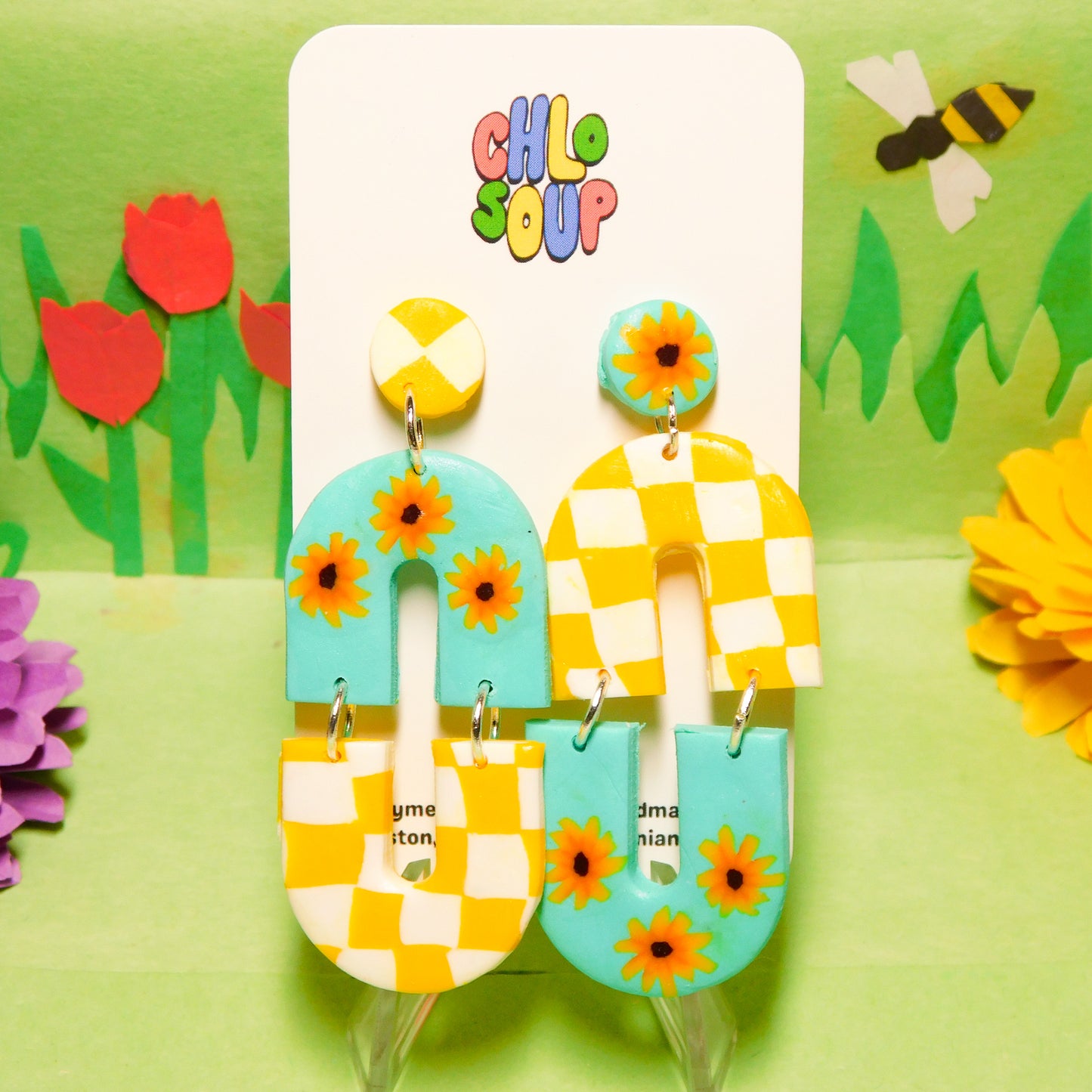 Checker Sunflower Slab Earrings