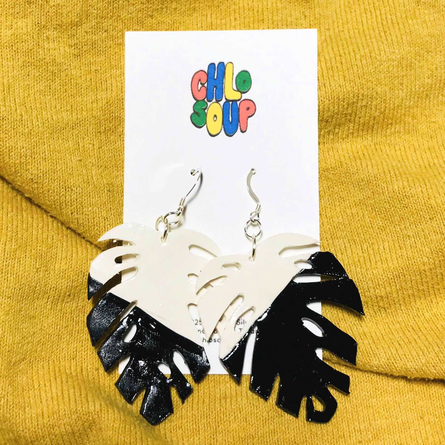 Black and White Monstera Leaf Earrings