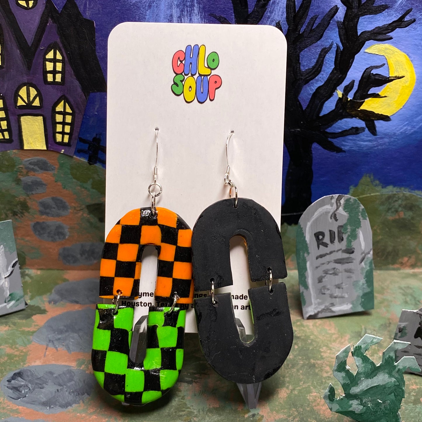 Halloween Orange and Green Checker Earrings