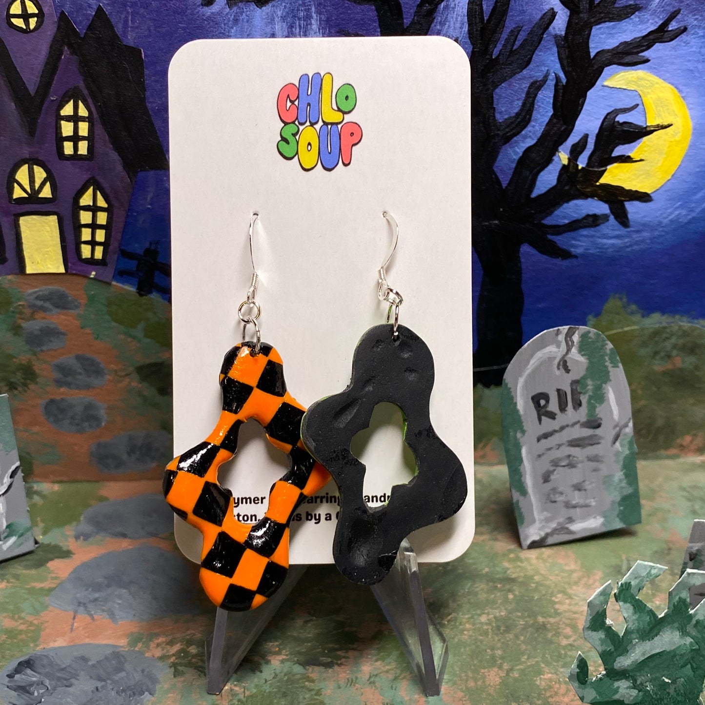 Halloween Orange and Green Checker Squiggle Earrings