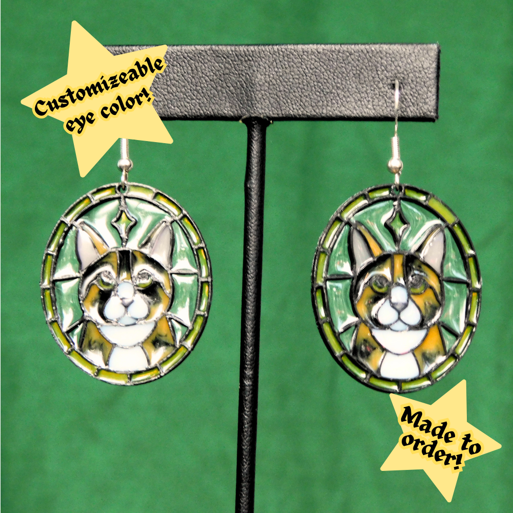 Tortie with White - Cat 'Stained Glass' Earrings