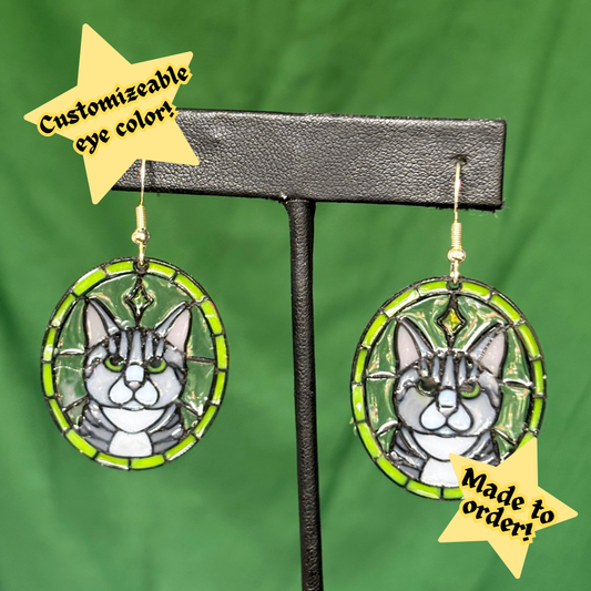 Grey Tabby with White - Cat 'Stained Glass' Earrings