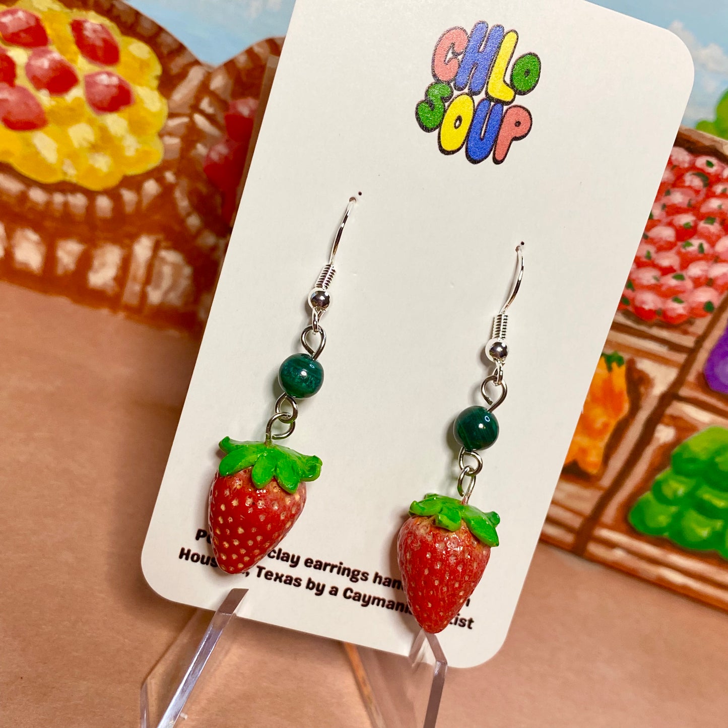 Strawberry Earrings with Malachite Beads