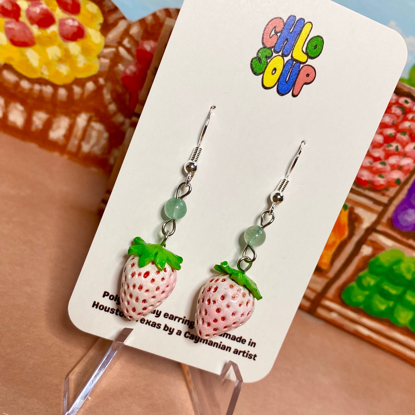 White Strawberry Earrings with Aventurine Beads