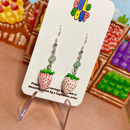 Small White Strawberry Earrings with Aventurine Beads