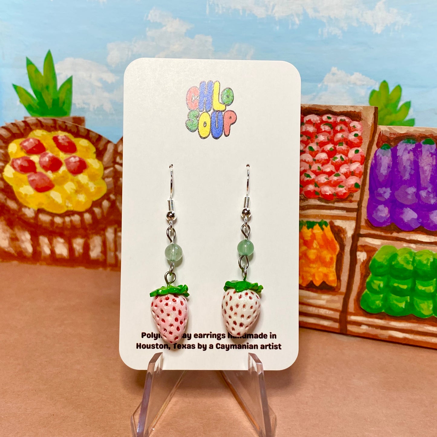 Small White Strawberry Earrings with Aventurine Beads