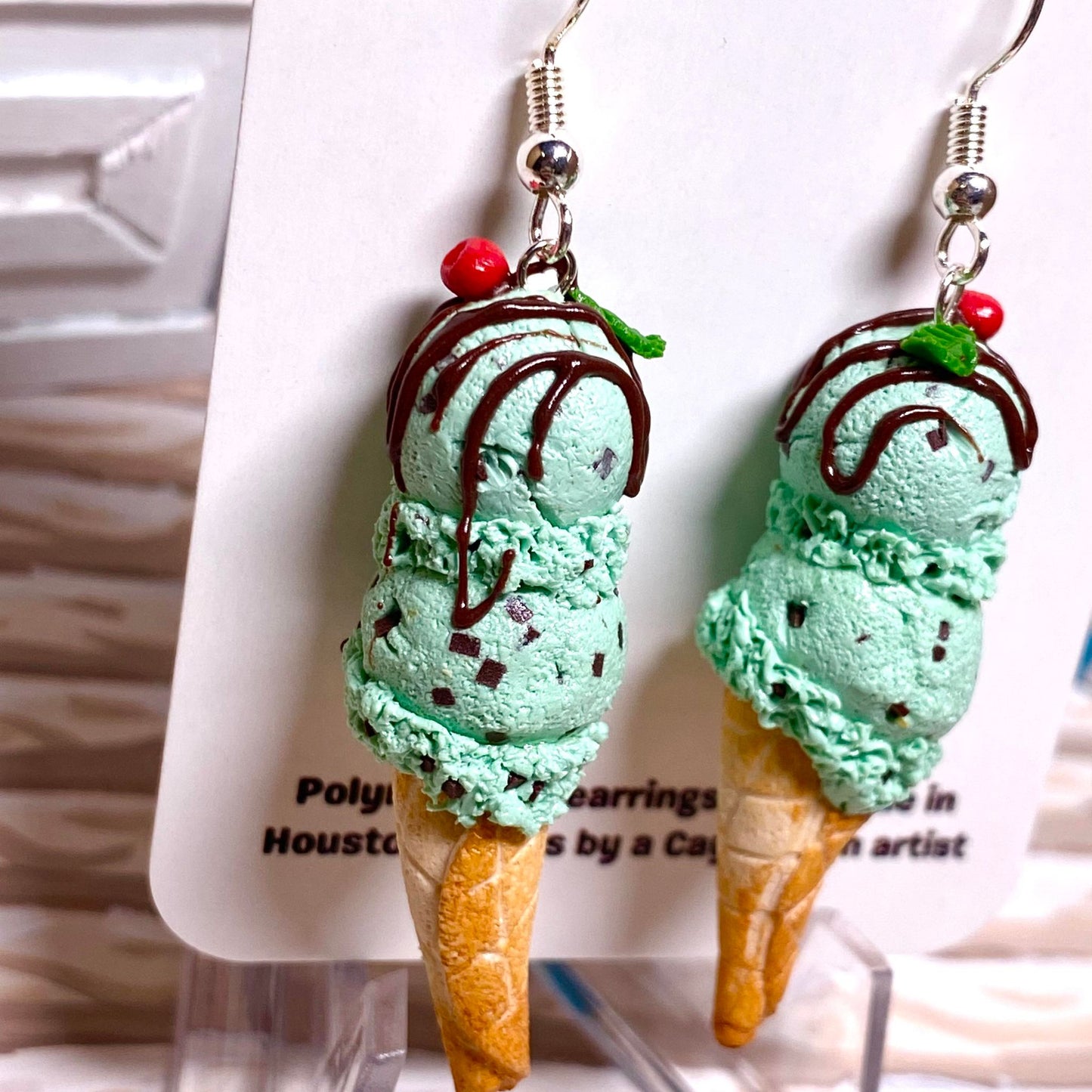 Chocolate Drizzle Double Scoop Mint Chip Ice Cream Earrings