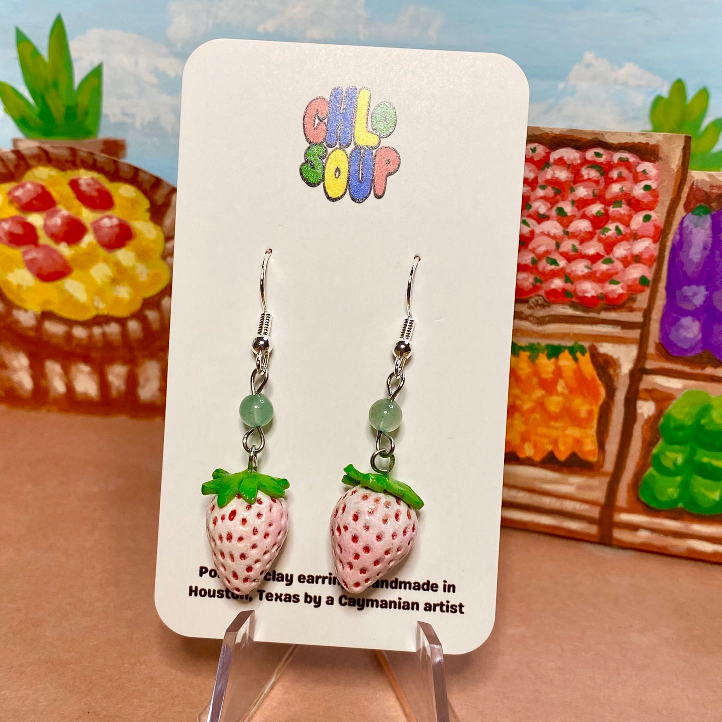 White Strawberry Earrings with Aventurine Beads