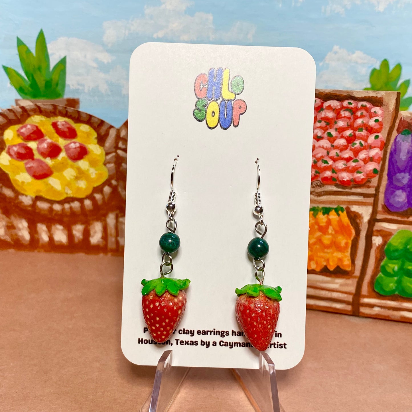 Strawberry Earrings with Malachite Beads