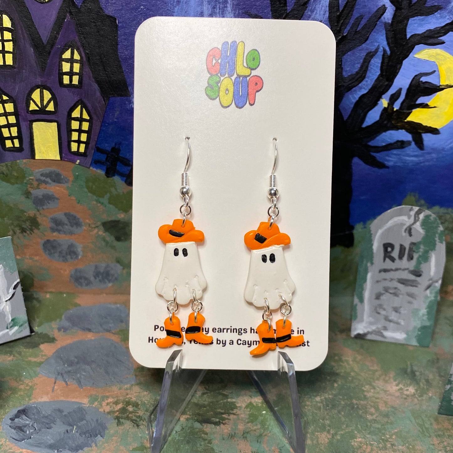 Orange Halloween Dancing Cowboy Ghost Earrings