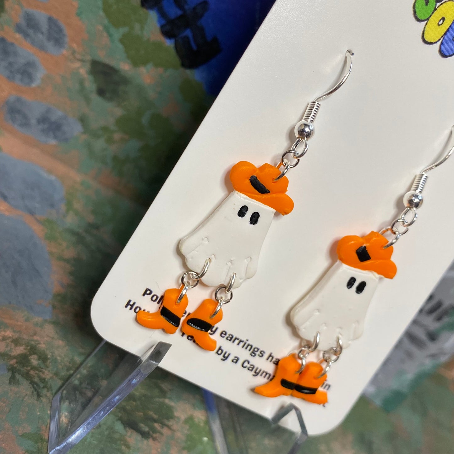 Orange Halloween Dancing Cowboy Ghost Earrings