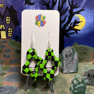 Halloween Green Checker Squiggle Earrings