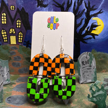 Load image into Gallery viewer, Halloween Orange and Green Checker Earrings