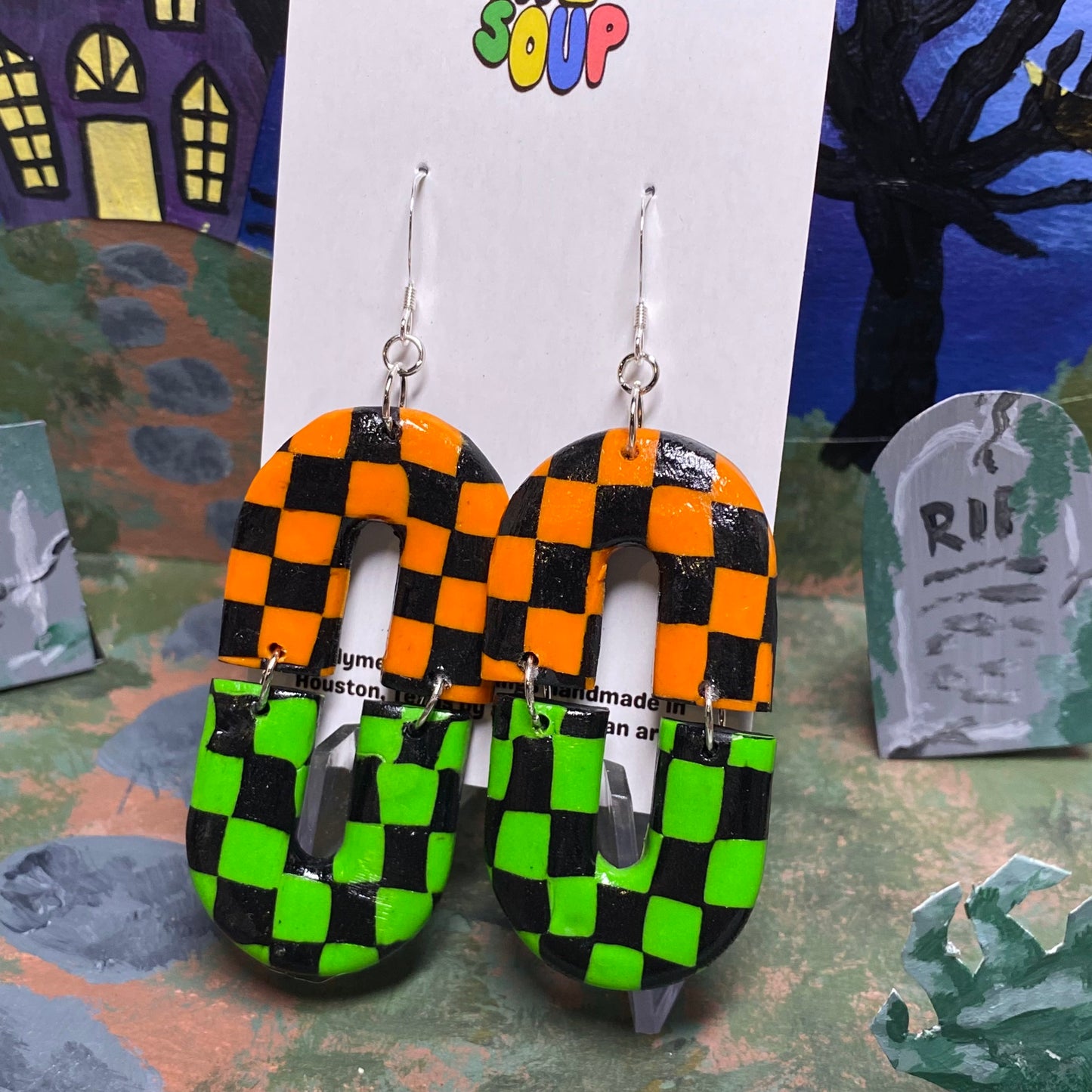 Halloween Orange and Green Checker Earrings