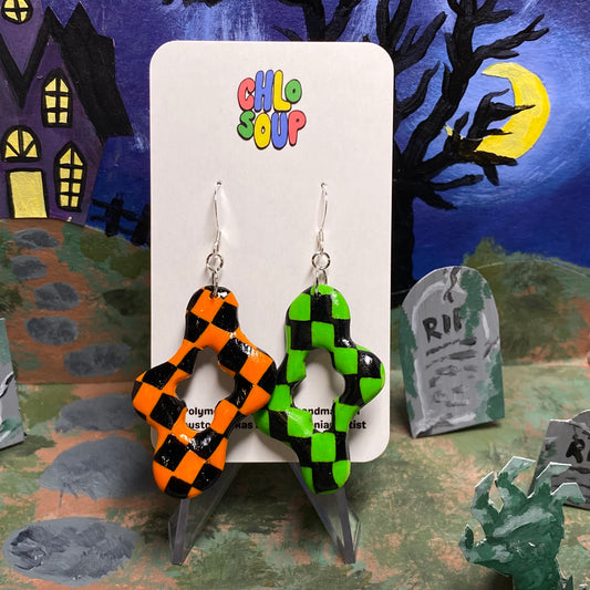 Halloween Orange and Green Checker Squiggle Earrings