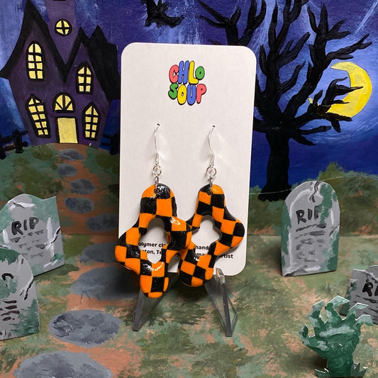 Halloween Orange Checker Squiggle Earrings